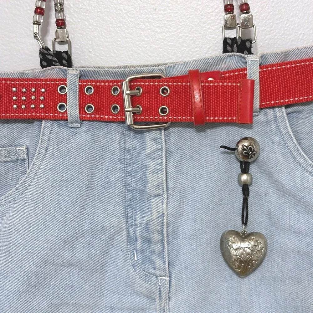 Handmade Upcycled Denim Jean Bag Red Studded Belt‎ Beaded Handles Heart Charm